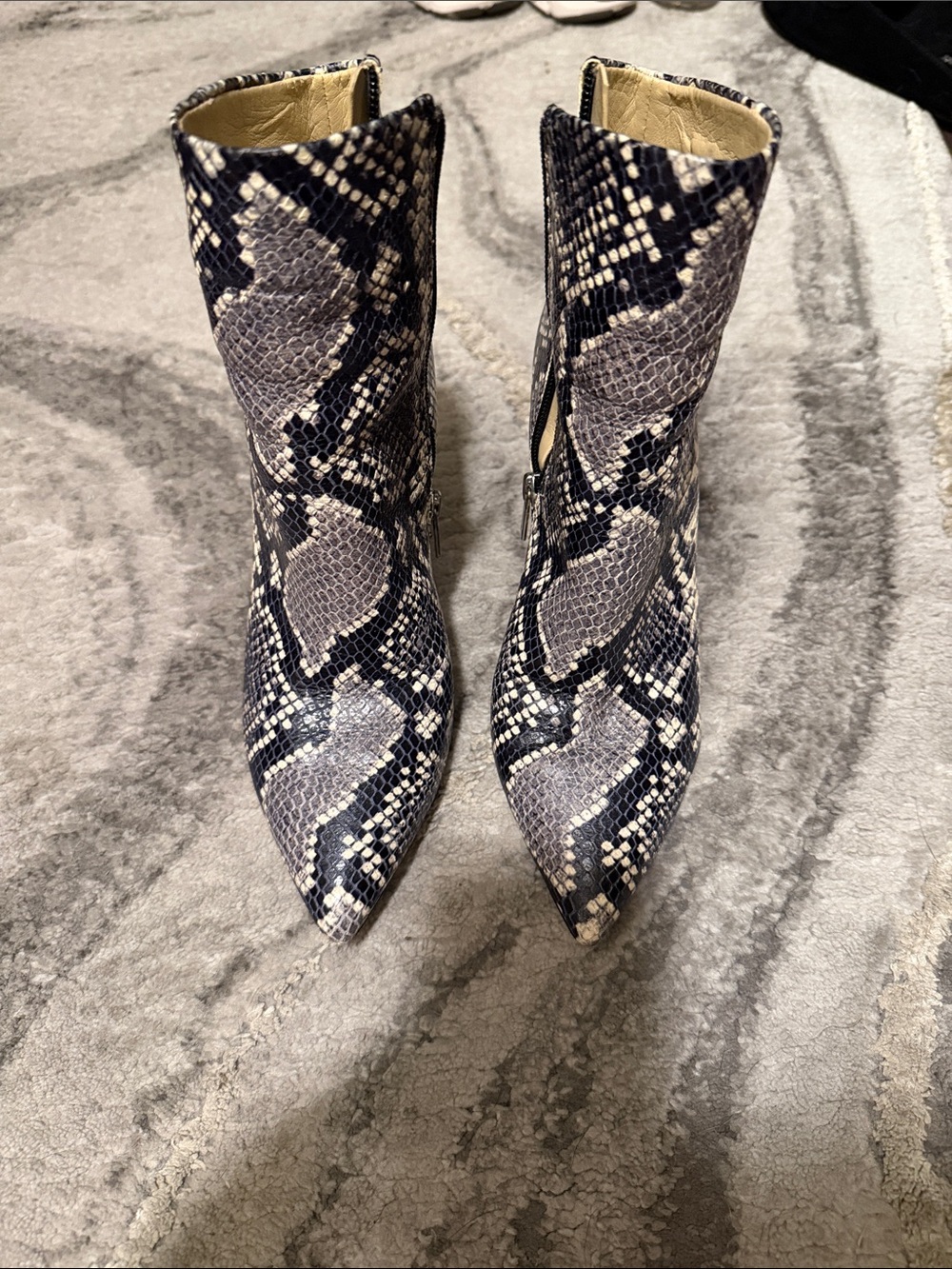 Marc Fisher Snake-Print Pointed Toe Ankle Boots in Black and Gray